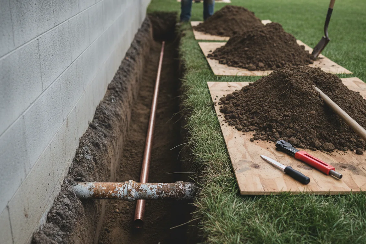 Excavated water line trench during Sewer Line Repair in Verbank